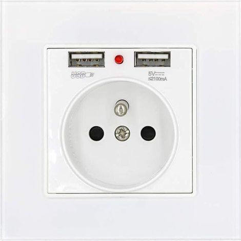 Glass Panel Power Socket, French Standard Wall Socket with Dual USB Charging Indicator 2.1A, 16A 250V French Standard Flush Mount Socket, White (1/5)
