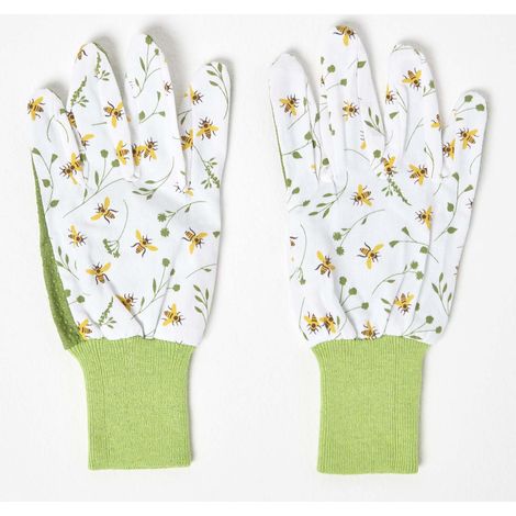 HOMESCAPES Grün-weiße Garten-Handschuhe mit floralem Bienendesign