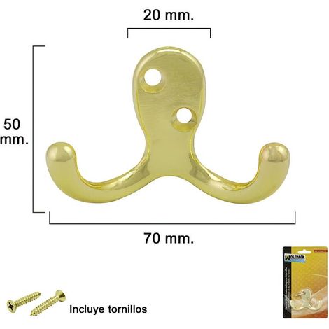 Gancho Doble Latonado Para Atornillar con tornillos incluidos.