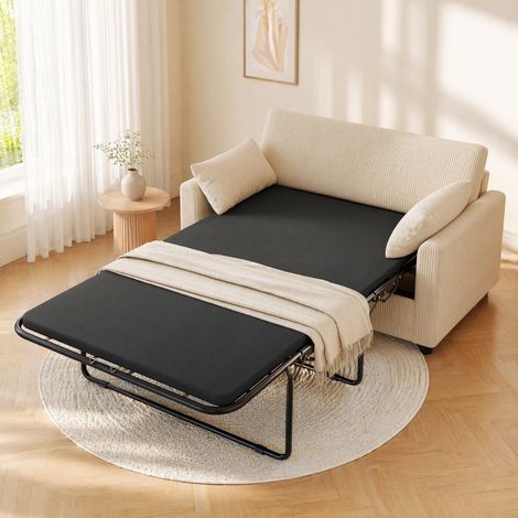 Divano letto 2 posti in velluto a coste beige con USB, tavolino ribaltabile e materasso (1/5)