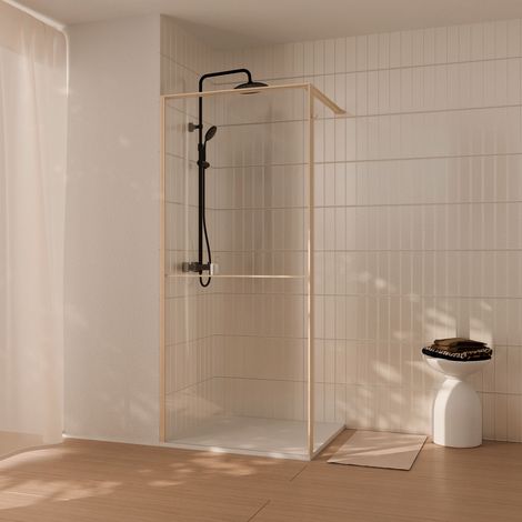paroi de douche 90x200cm - cadre et étagère finition chêne clair - verre 8mm anticalcaire - ethan (1/5)