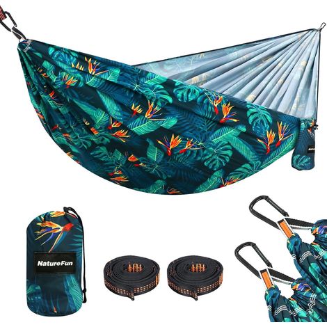 Hamac Ultra-léger de Voyage Camping 300 kg Capacité de Charge,Respirante,Séchage Rapide Hamac(275x140 cm) 2 x Mousquetons de qualités,2 x sangles Inclus Pour Jardin d'interieur/Extérieur