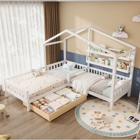 Cama infantil casita con cajones y estantes OKMYHOME