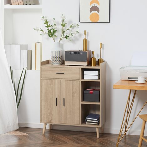 HOMCOM Modernes Wohnzimmer-Sideboard mit 2 Türen, 1 Schublade und 3 offenen Regalfächern, 80 x 30 x 96,5 cm, Natur