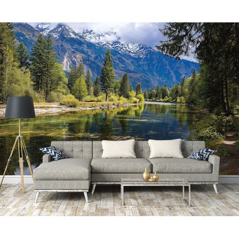 Fototapete Landschaft Fluss Berge 3D-Optik, für Wohnzimmer und Schlafzimmer, 150 x 105 cm – Komplettset inkl. Kleister & Anleitung