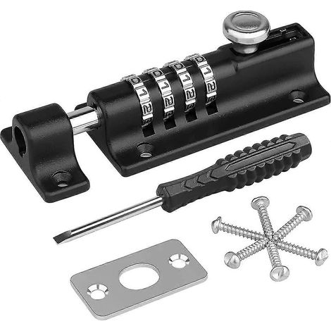 Verrou à combinaison, en acier inoxydable, code PIN à 4 chiffres, pêne coulissant à combinaison pour porte avec tournevis, verrou de sécurité sans clé pour porte. (1/5)