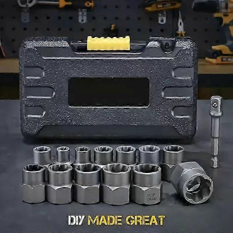 Coffret de 14 douilles à impact endommagées, extracteurs de boulons et écrous en acier chrome-molybdène avec boîte de rangement (1/4)