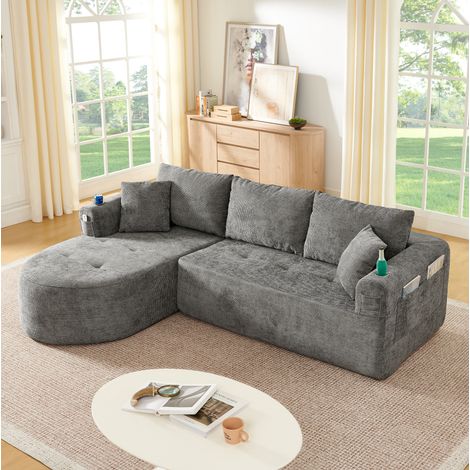 Canapé d'angle en L gris en tissu avec porte-gobelet en acier inoxydable et poches de rangement (1/5)
