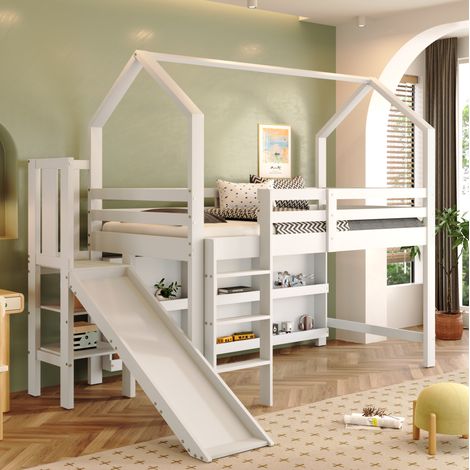 Kinder-Hochbett 90x200 cm mit Rutsche, Treppe, Schrank und Regal, Weiß (1/5)