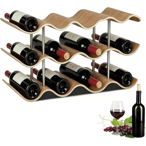 Wooden Wine Rack 3 Tier 12 Bottles Freestanding Corrugated Storage Rack for Cabinet Pantry Home Kitchen Bar (1/5)
