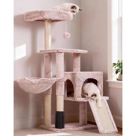 Arbre à Chat, Brosse de Nettoyage Automatique, Arbre à Chat Domestique Robuste avec Peluche Polie, Chaise Longue, Bac à Litière avec Panneaux et Griffoir, MarronBeige HCT005SMU (1/5)