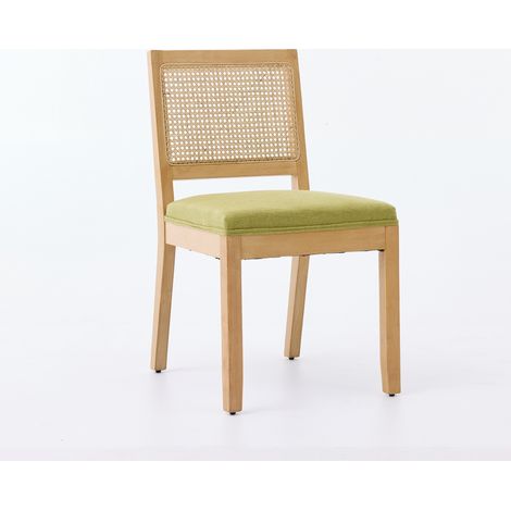 CHICFURN Set de 2 sillas de comedor de estilo rústico y moderno, respaldo de resina trenzada, asiento de tela verde oliva y estructura de madera clara para cocina (1/5)