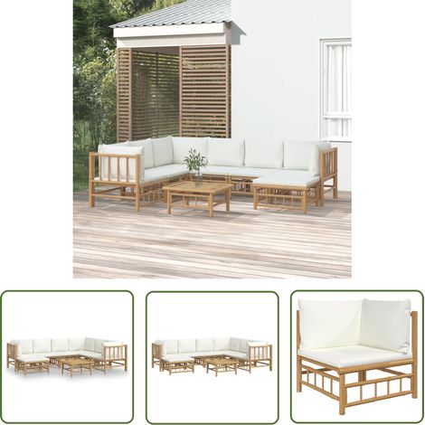 The Living Store Salon de jardin 8 pcs avec coussins blanc crème bambou - Salon De Jardin - Mobilier De Jardin - Ensemble De Salon - Ensemble De Meubles De Jardin - Meubles En Bambou (1/5)