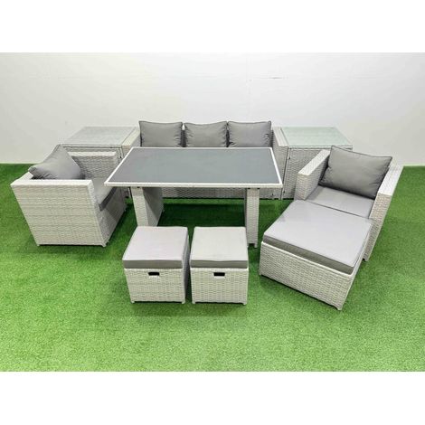 Fimous Patio Garden Furniture Sets with Black Glass Top Dining Table Armchair 3 Seater Sofa 2 Side Tables 3 Stool Light Grey (1/4)