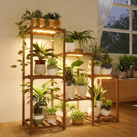 Support Plantes Interieur avec Lampe LED, Porte Plante Interieur 6 Niveaux en Bois, Support Plante Moderne pour Salon et Balcon, Étagère de Culture (1/5)