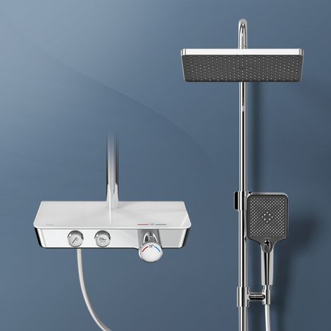 EMKE Duschsystem mit Thermostat, Handbrause mit 3 Strahlstärken, Wasserfall-Auslauf, Duschsäuleset Duschgarnitur mit glasablage, KTW Zertifizieren, Chrom (1/5)