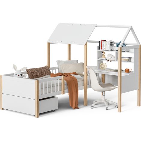 Lit moderne en Bois, couleur Blanc, 205 x 178 x 164 cm, pour chambre à coucher et studio, de qualité supérieure, au design épuré et aux finitions soignées (1/5)