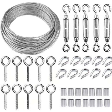 Edelstahl-Aufhängeseil-Set, 30 m/2 mm beschichtetes Edelstahlseil mit M5-Drahtspannern, 2 mm Metallseil-Set für Kletterpflanzen, zum Aufhängen im Freien, Wäscheleine