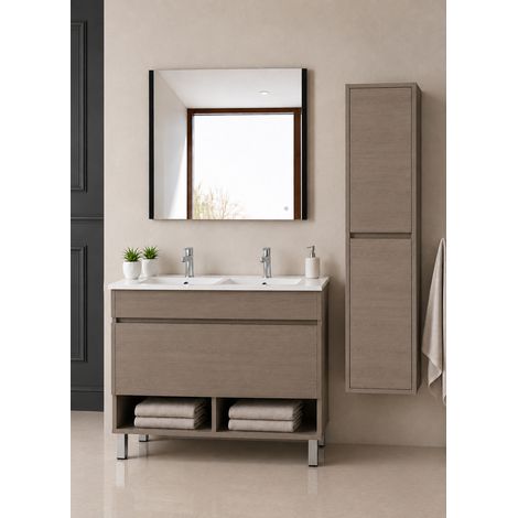 Badmöbel mit Füßen mit Waschbecken extra flach ORIGENBATH NEBARI mit Füßen und Schublade ohne Spiegel 120x45 cm Doppelwaschbecken Smoky-Eiche mit Säule (1/5)