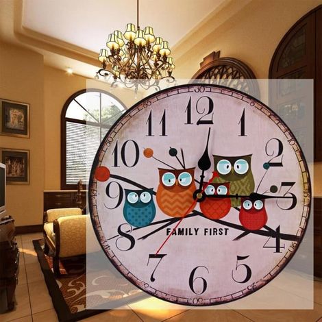 Silencieux décoratif Horloge murale ronde en bois Owl style Home Decor (1/4)