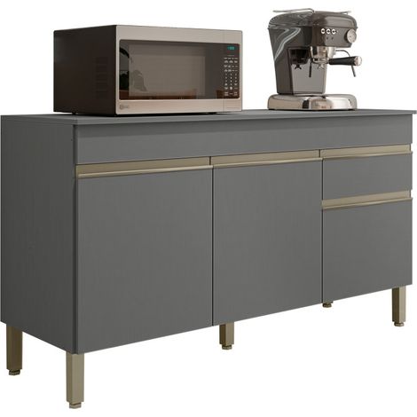 Buffet Bas 3 Portes 1 Tiroir Gris 5 Niches L 150 H 86 P 53.3 cm