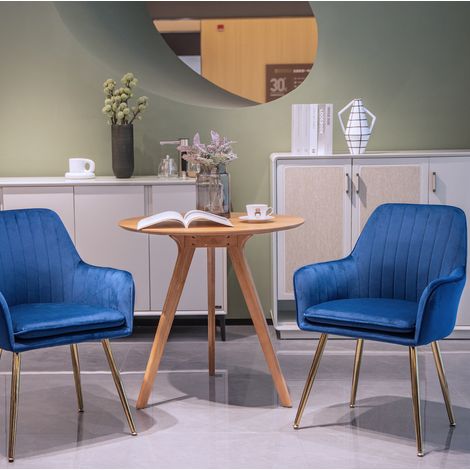 Silla de comedor de tela azul con reposabrazos, cojín extraíble y patas metálicas doradas, juego de 2,42.16×42.93×85.09cm (1/5)