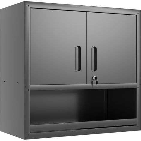 DESMIU Armoire murale en métal avec 2 portes verrouillables, 1 étagère réglable et 1 niche ouverte pour garage, atelier, bureau, noir, 80 × 30 × 75 cm (1/5)