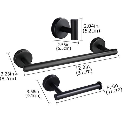 3-teiliges Badezimmer-Zubehörset, bestehend aus einer 31 cm langen Handtuchstange, einem Handtuchpapierhalter und einem Handtuchhaken, Wandmontage-Set (Schwarz) (1/4)