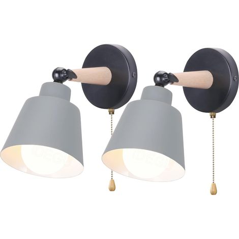 Lot de 2 Appliques Murales Rétro Vintage E27 Luminaire Plafonnier Industriel en Bois et Métal Réglable Lampe Murale Interieur avec Interrupteur Applique Moderne pour Chambre Entrée Salon (Gris) (1/5)