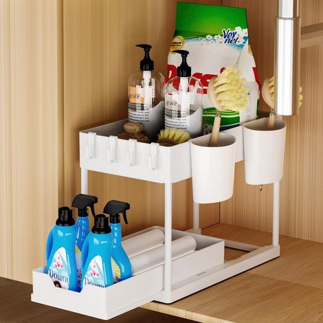 QAZQA Rangement Sous Evier 2 Niveaux, Coulissant Organisateur Sous Évier Etagere Tiroir avec 4 Patères et 2 Vasques Suspendues, Multi-Usage Étagère pour Cuisine Salle de Bain, Blanc (1/5)