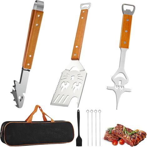 Lot de 5 ustensiles de barbecue extra longs en acier inoxydable avec manche en bois, pince à barbecue, fourchette à viande, spatule, brosse à barbecue, 4 brochettes et sac – Accessoires de (1/5)