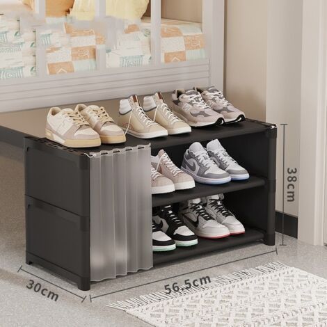 royaluxe -Meuble à chaussures, Armoire à chaussures simple à trois niveaux avec rideau de porte - Noir (1/3)