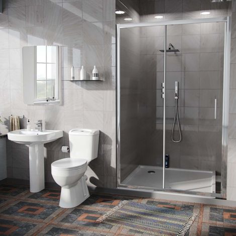 Illinois 3-Piece Shower Enclosure Suite, Toilet + Pedestal Basin + 1100mm Slider Door (1/5)