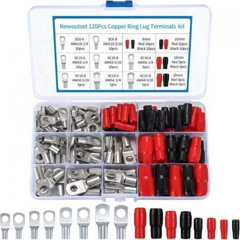 120 Pièces M6/M8 Cosses à Anneau Kit, Cosses de Câble Tubulaires, Cosses de Embouts de Câble de Batterie, pour Câble électrique, avec Gaines Thermorétractables, Argent (1/5)