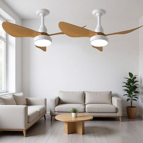 Lot de 2 ventilateurs de plafond modernes, avec télécommande, pour chambre et salon, blancs avec finition imitation bois (1/5)