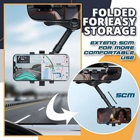 Support Téléphone Voiture - Rétroviseur - Rotation 360° - Bras Rétractable 0-5 cm - Pour Smartphones Tous Modèles - 1 Pièce (1/4)