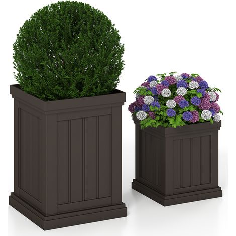 Lot de 2 Pots à Plantes en Plastique Carrées, Jardinières avec 2 Tailles Trous de Drainage et Design Empilable, Intérieur et d'Extérieur, Brun (1/5)