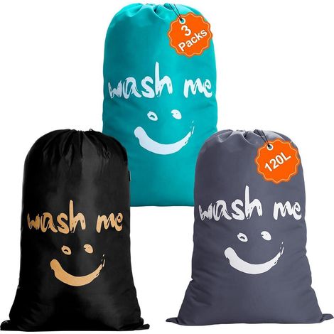 3er Pack Wäschesäcke 120L, faltbar, staubdicht, mit Kordelzug, Blau/Dunkelgrau/Schwarz (1/5)