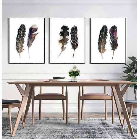 Affiche murale sur toile à motif de plumes, style peinture à l'huile, décoration simple et tendance pour salon, chambre, bureau et chambre d'enfant (lot de 3). (1/5)