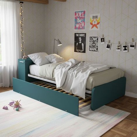 Letto una piazza e mezza 120x190 con contenitore e secondo letto estraibile - Verde Petrolio