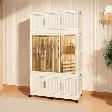 Armoire-penderie pliable en plastique PP, 9 portes magnétiques, 1 espace penderie et 8 étagères, 6 roulettes avec frein, 6 cintres inclus, montage sans outil – CHICFURN (1/5)