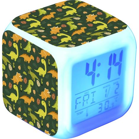 Réveil LED lumineux à changement de couleur coloré pour enfants, motif petit dinosaure pastoral de dessin animé