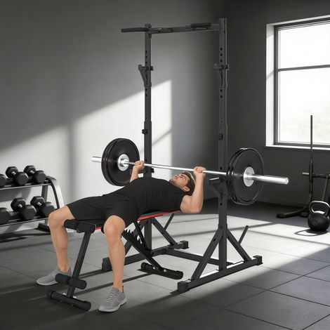 Soporte ajustable para sentadillas con doble apoyo, soporte para discos y barra de dominadas, acero, 112-100 x 201-217 cm, negro.