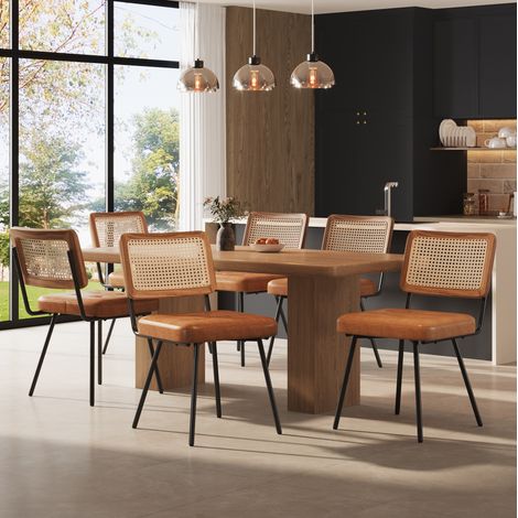 Chaise de salle à manger en cuir régénéré marron, dossier en résine tressée et pieds métal réglables, style rétro ergonomique pour salon et balcon CHICFURN (1/5)