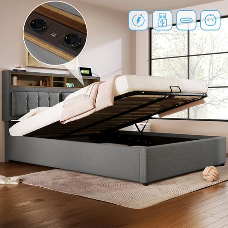 Polsterbett 160/200 cm grau aus Leinen mit Stauraum, verstellbarem Kopfteil und USB-C (1/5)