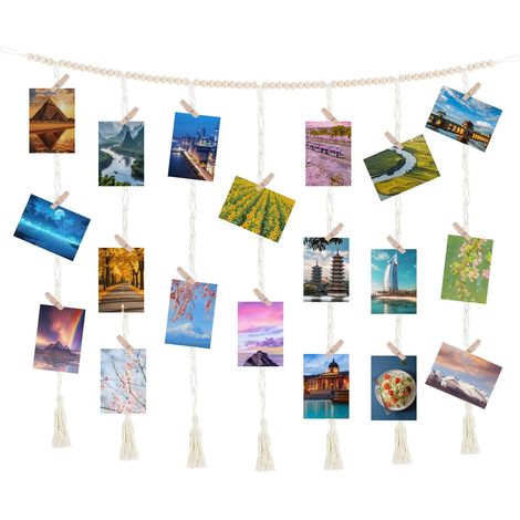 Pele Mele Photo Mural Cadre Photo Pele Mele avec 45 Clips en Bois Cadre Photo Mural avec 7 Cordes Mur de Photos Décoration Diy Bohème Porte Photos Pinces pour Ado Fille Maison Chambre Decoration (1/5)