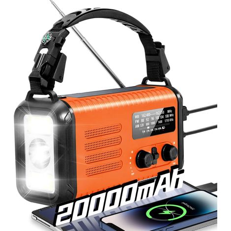 Radio à manivelle d'urgence, 20 000 mAh/74 000 mWh, radio météo solaire à manivelle avec NOAA/AM/FM, radio alimentée par batterie avec chargeur de téléphone portable, lampe de lecture, lampe de poche (1/5)