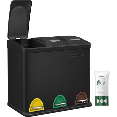 Pattumiera da cucina resistente con pedali e 3 scomparti per la raccolta differenziata in acciaio inox nero 120007238