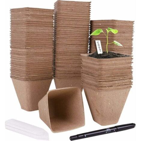 120 Pièces Pots de Semis Biodégradable Godets de Repiquage 8cm Carré Godet Semis Pot Jardinage avec 30 Étiquettes de Plantes pour Graine Légumes Fleurs Succulentes