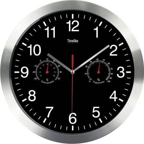 Quartz Ronde Horloge Murale, Aluminium Silencieuse Intérieur Murale Horlog vec Thermomètre Et Hygromètre pour Salon Cuisine Bureau (Noir) (1/5)